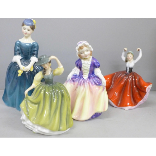 2061 - Eight Royal Doulton figures; two Age of Innocence series, Puppy Love and Feeding Time, and six small... 