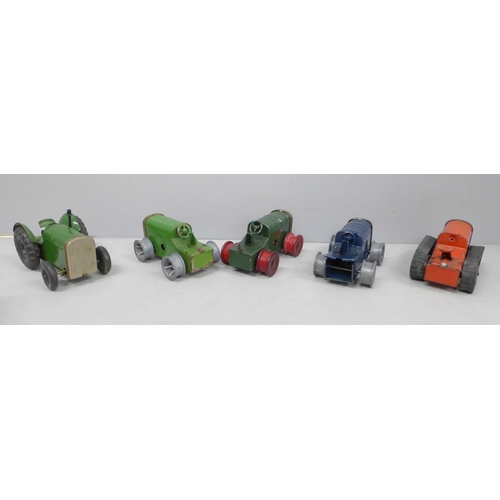 2068 - Five Tri-ang Minic Toys clockwork tractors