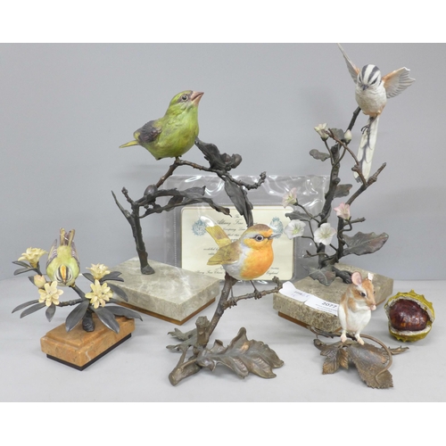 2077 - Two Albany Fine China models of birds, greenfinch and long tailed tit with certificates, goldcrest, ... 