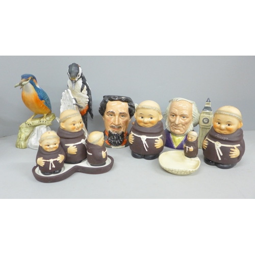 2083 - A Goebel model woodpecker, a Spode kingfisher, Goebel monk cruets and two Royal Doulton character mu... 