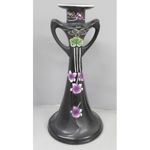 2097 - A Shelley candlestick, in black with purple flowers, cake stand and jug