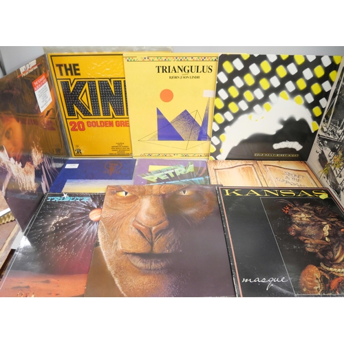 2140 - A collection of heavy rock LP vinyl records including The Kinks, Tribute, Prism, Petra and Flasher