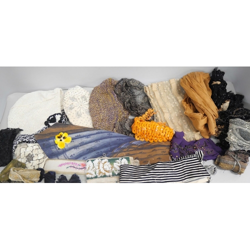 2142 - A box of textiles including 1920s pieces and a box of miscellaneous beads.