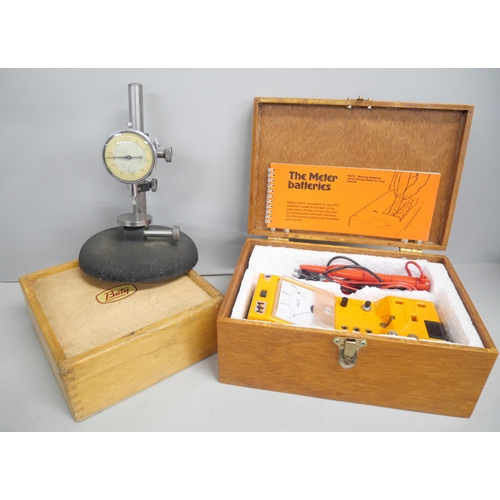 2165 - A Burgess electric engraver, volt meter, multi-tester and two Bayt clockmakers depth gauges, one box... 