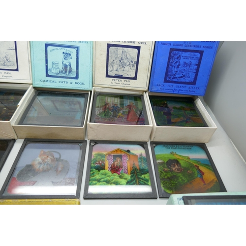 2208 - Three boxes of Primus coloured lantern slides, Peter Pan in three chapters, plus five other box sets... 