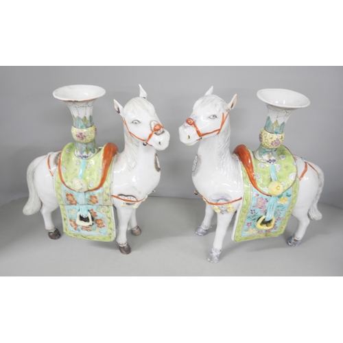 2213 - A pair of ceramic Chinese horse candlesticks, A/F