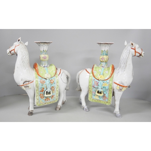 2213 - A pair of ceramic Chinese horse candlesticks, A/F