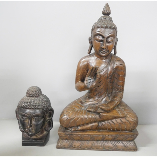 2225 - A pair of wooden elephant book ends with a wooden Buddha figure sat in the lotus position and a bron... 