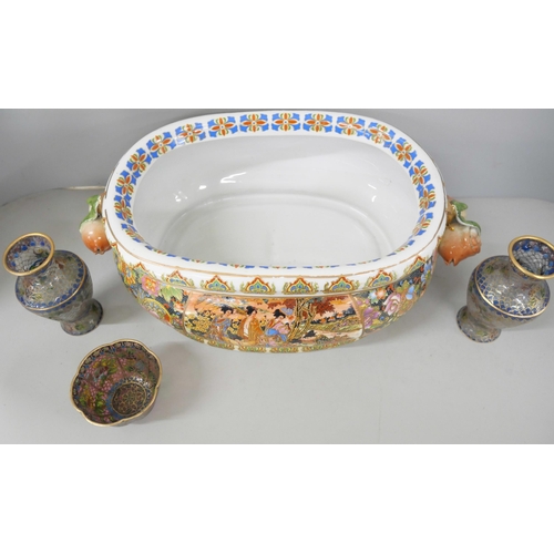 2228 - A collection of oriental pottery including famille rose bowls and plate, a centrepiece bowl and coll... 