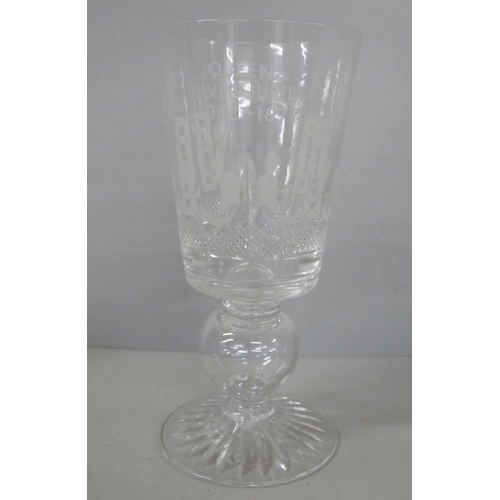 2229 - A Strombergshyttan etched sailing glass vase, a large etched goblet, Queen's Silver Jubilee 1952-197... 