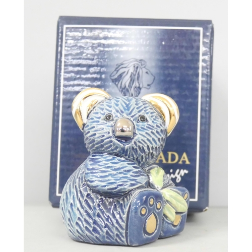 2239 - A collection of novelty animals - a tiger, koala bear and badger, Rinconada, Uruguay, with a boxed b... 