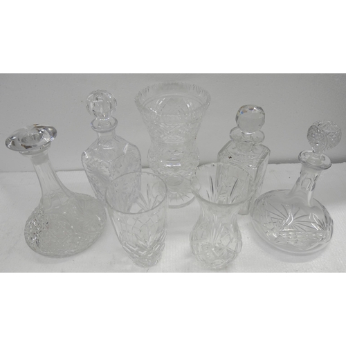 2250 - Three cut glass and pressed glass table lamps and a box of cut glass including a Waterford crystal t... 