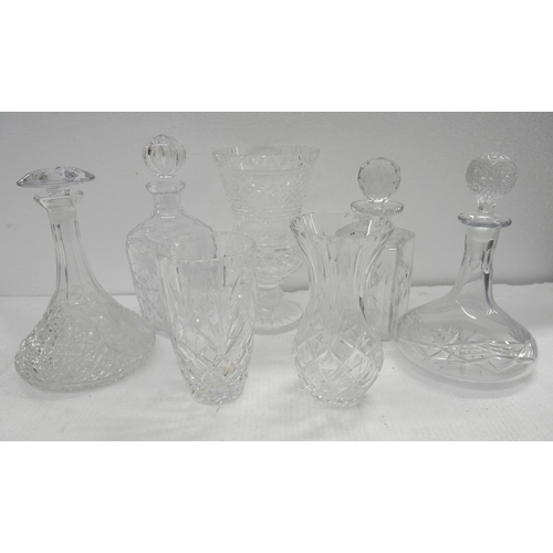 2250 - Three cut glass and pressed glass table lamps and a box of cut glass including a Waterford crystal t... 