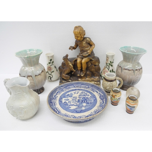 2264 - Collection of assorted china items to include two pairs of vases, a Willow pattern comfort, a Belgia... 