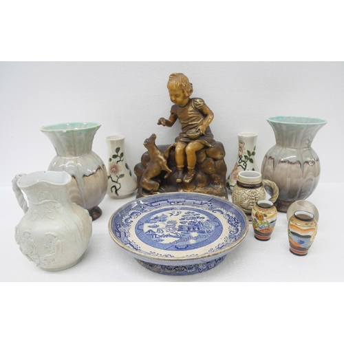 2264 - Collection of assorted china items to include two pairs of vases, a Willow pattern comfort, a Belgia... 