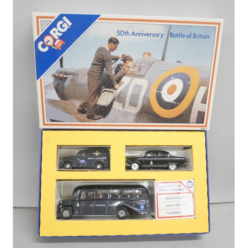 2153 - Seven Corgi vehicles to include 50th Anniversary Battle of Britain field vehicles, Morris Minor Van,... 