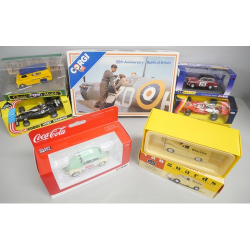 2153 - Seven Corgi vehicles to include 50th Anniversary Battle of Britain field vehicles, Morris Minor Van,... 