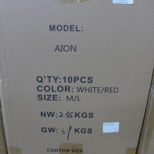 5199 - A box of 10 Aion white/red, medium/large bike helmets