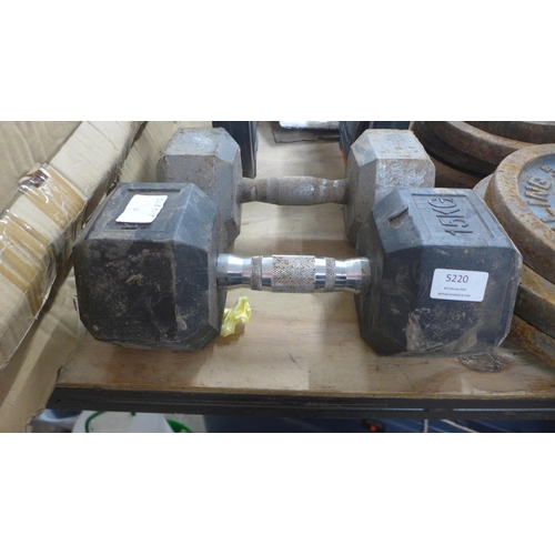 5220 - A quantity of steel weightlifting weights including weight plates and dumbbells