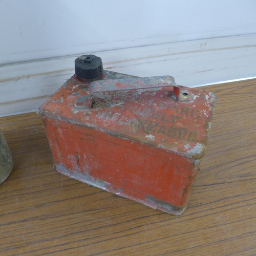 5225 - A vintage metal 20 litre jerry can marked '1965' and one other metal petrol can