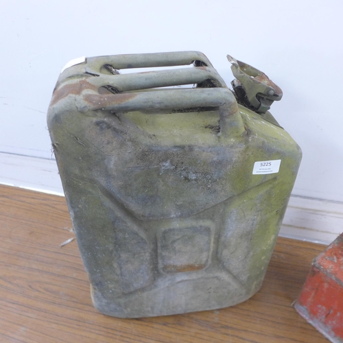 5225 - A vintage metal 20 litre jerry can marked '1965' and one other metal petrol can