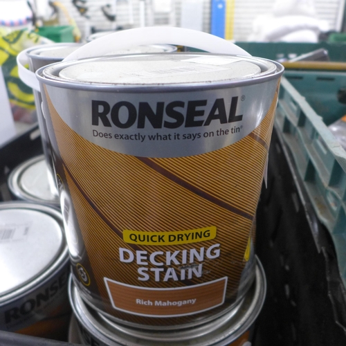 5228 - Seven tins of Ronseal 'Rich Mahogany' quick drying decking stain and two tins of Ronseal 'Slate' ult... 