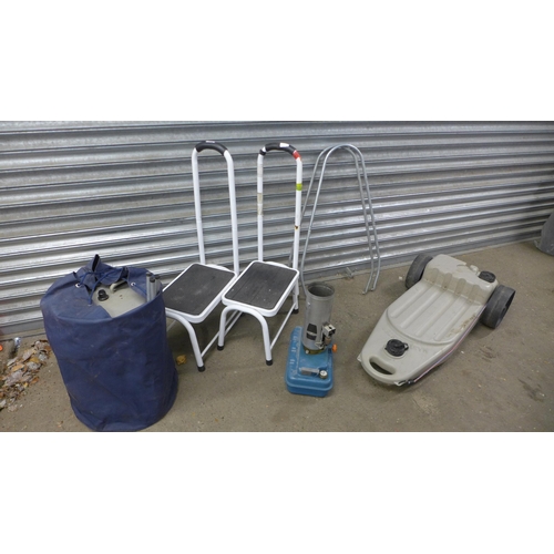 5240 - Two caravan steps and a quantity of camping equipment including a WasteMaster rolling waste tank, ba... 