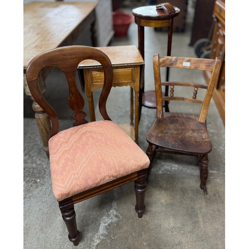 259 - A George III elm child's rocking chair, a George III style oak single drawer lamp table, etc. (4)