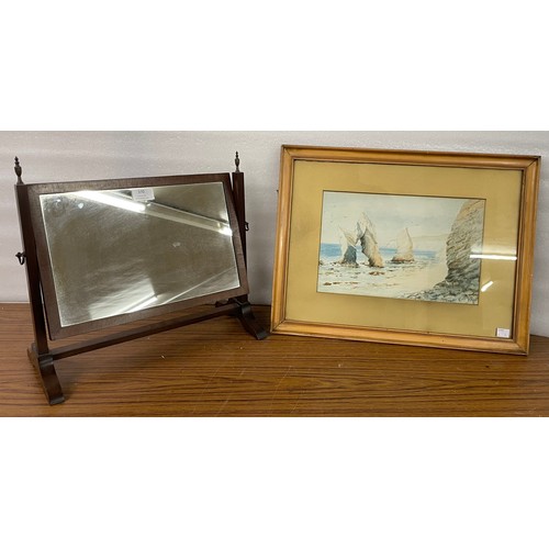 370 - A Victorian mahogany toilet mirror and an English School watercolour, marine scene, framed