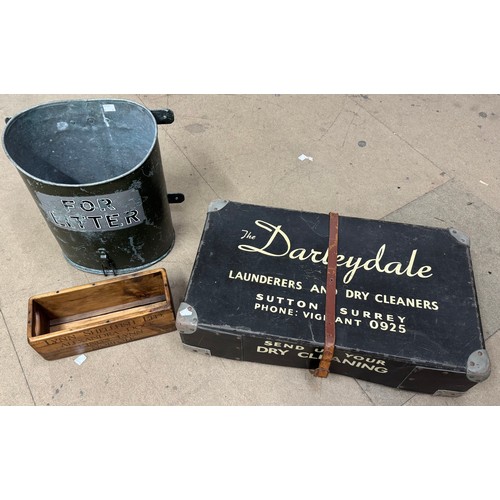 316B - An early to mid 20th Century school litter bin, a vintage Darleydale cane and a Norfolk crab crate