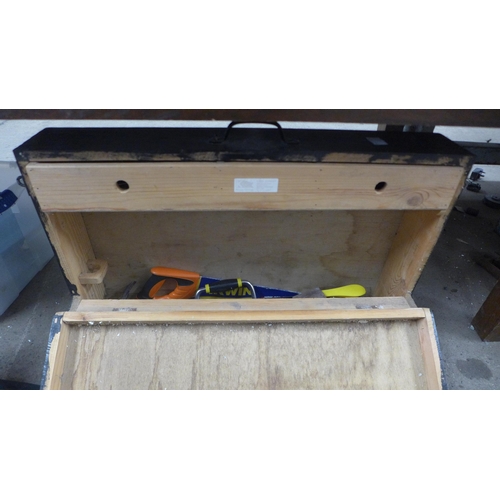 5018 - A tool box and a tool bag with a quantity of tools including saw, brace drill, hammer, etc.