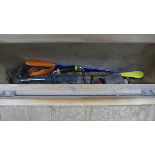 5018 - A tool box and a tool bag with a quantity of tools including saw, brace drill, hammer, etc.