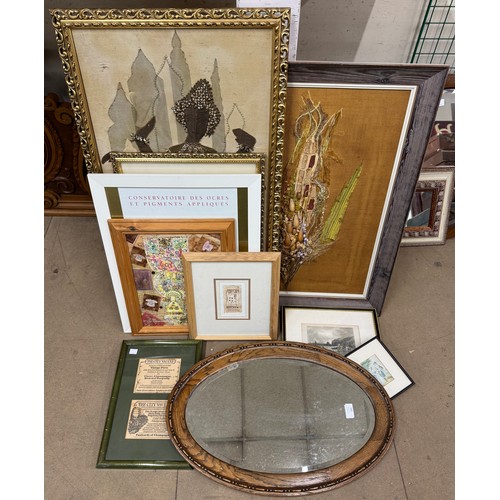 385 - Assorted prints, pictures, engravings and an oak framed mirror