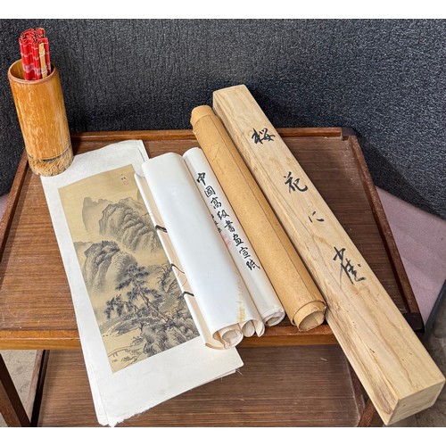 386 - Assorted Chinese scroll prints and a parasol