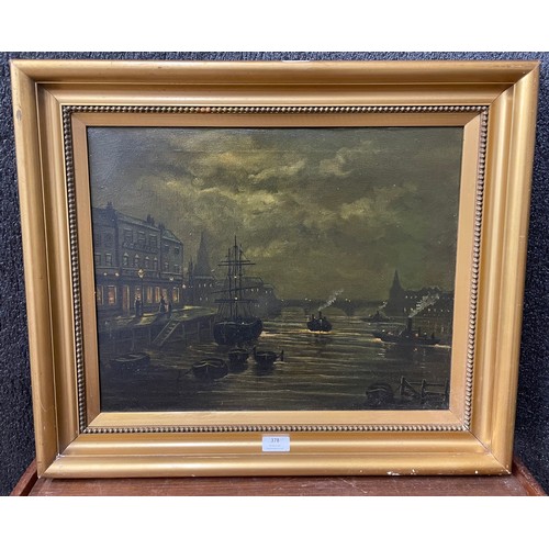 378 - English School, harbour landscape at night, oil on canvas framed