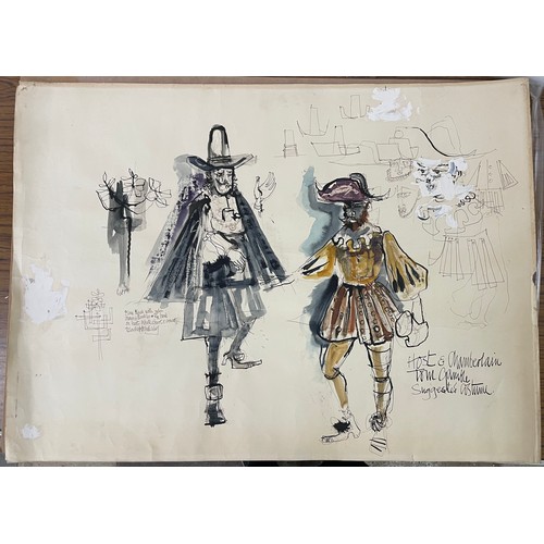 379 - Tom Gamble, two signed 1960's pen, ink and wash drawings for suggested costume designs in Shakesperi... 