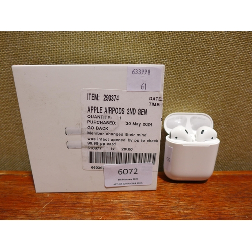 6072 - Apple AirPods with charging case (2nd generation) model no: mv7n2zm/a, Original RRP £99.99 + VAT (35... 