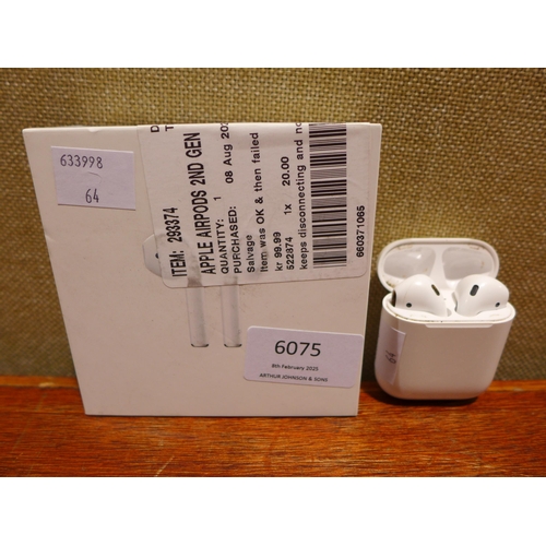 6075 - Apple AirPods with charging case (2nd generation) model no: mv7n2zm/a, Original RRP £99.99 + VAT (35... 