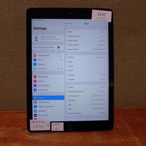 6137 - Apple iPad Air Space Grey 16GB (1st generation) model no: md791b/b (480-707) *This lot is subject to... 
