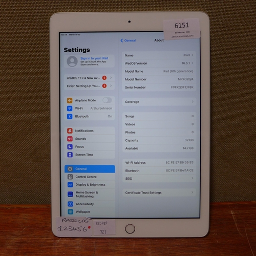 6151 - Apple iPad White 32GB (6th generation) model no: mr7g2b/a (480-721) *This lot is subject to VAT