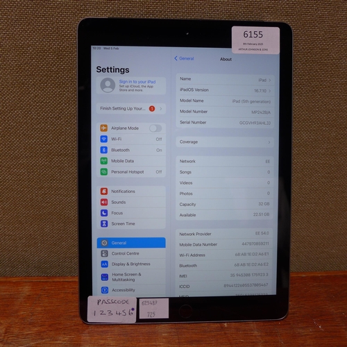 6155 - Apple iPad Space Grey 32GB (5th generation) model no: mp242b/a (480-725) *This lot is subject to VAT