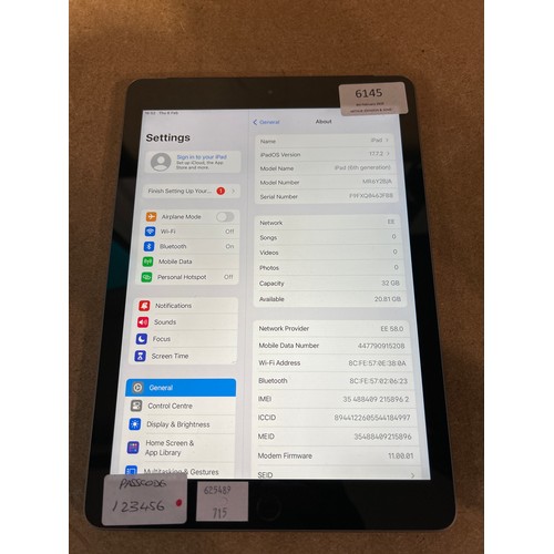 6145 - Apple iPad Space Grey 32GB (6th generation) model no: mr6y2b/a (480-715) *This lot is subject to VAT