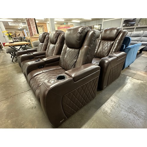 3016 - Tuscany 3 row brown leather electric reclining media chairs with adjustable head rests - (marked), o... 