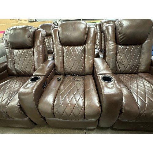 3016 - Tuscany 3 row brown leather electric reclining media chairs with adjustable head rests - (marked), o... 