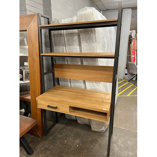 3030 - An oak and metal desk with shelving