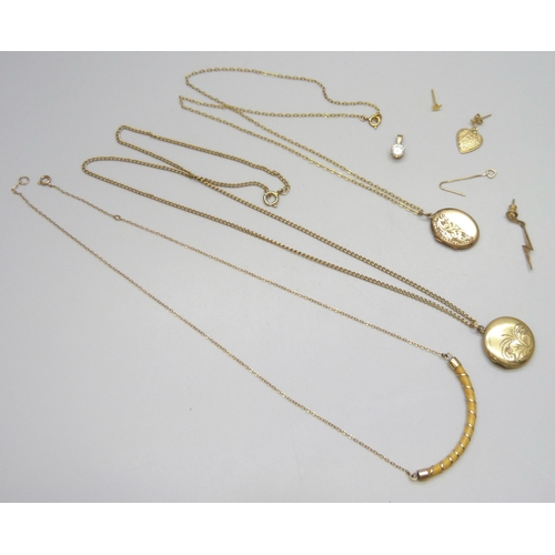 7004 - A yellow metal mounted necklace, together with two rolled gold lockets, a plated stone set pendant, ... 