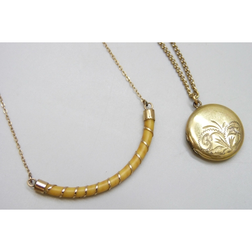 7004 - A yellow metal mounted necklace, together with two rolled gold lockets, a plated stone set pendant, ... 