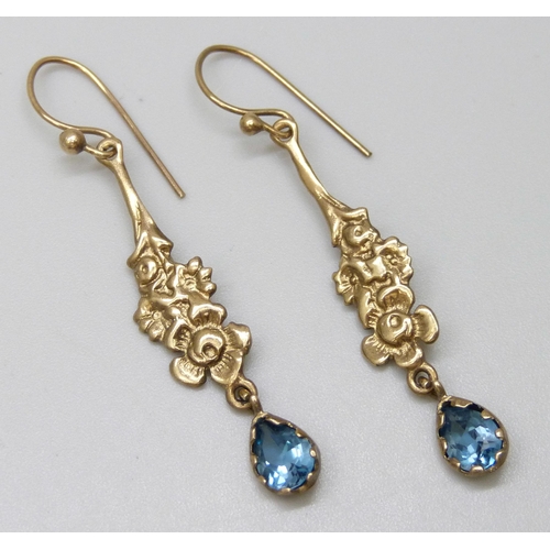 7014 - A pair of 9ct gold blue stone drop earrings, 2.8g, 4.5cm including hook