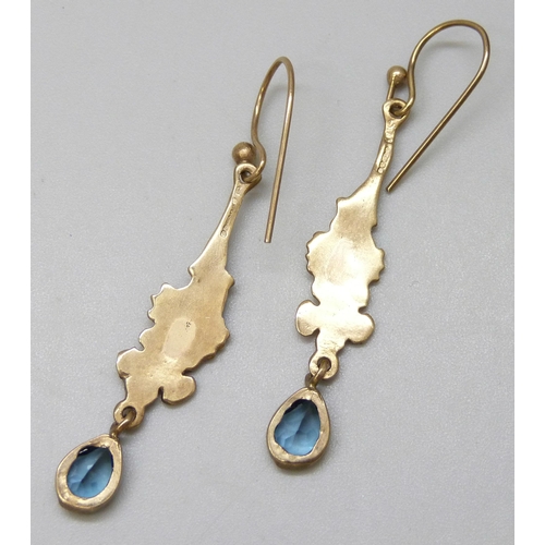 7014 - A pair of 9ct gold blue stone drop earrings, 2.8g, 4.5cm including hook