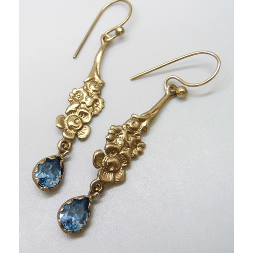 7014 - A pair of 9ct gold blue stone drop earrings, 2.8g, 4.5cm including hook